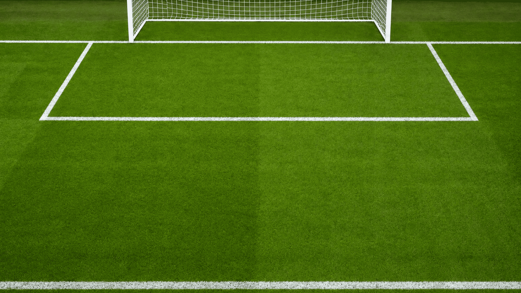 white goal area marking stands out clearly around the goal on a vibrant green soccer field