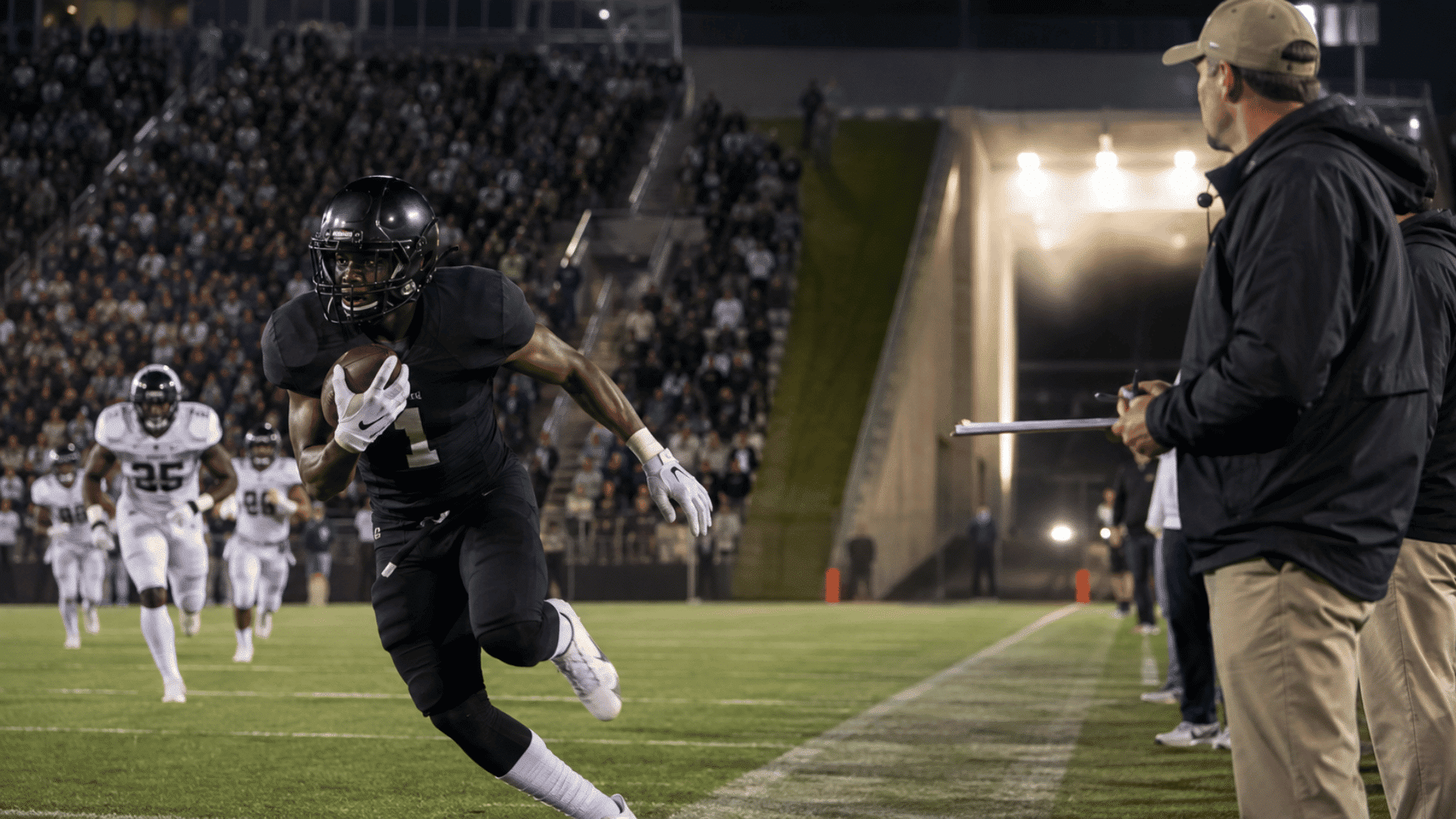 fcs football player carries the ball near the sideline as a coach watches during a night game