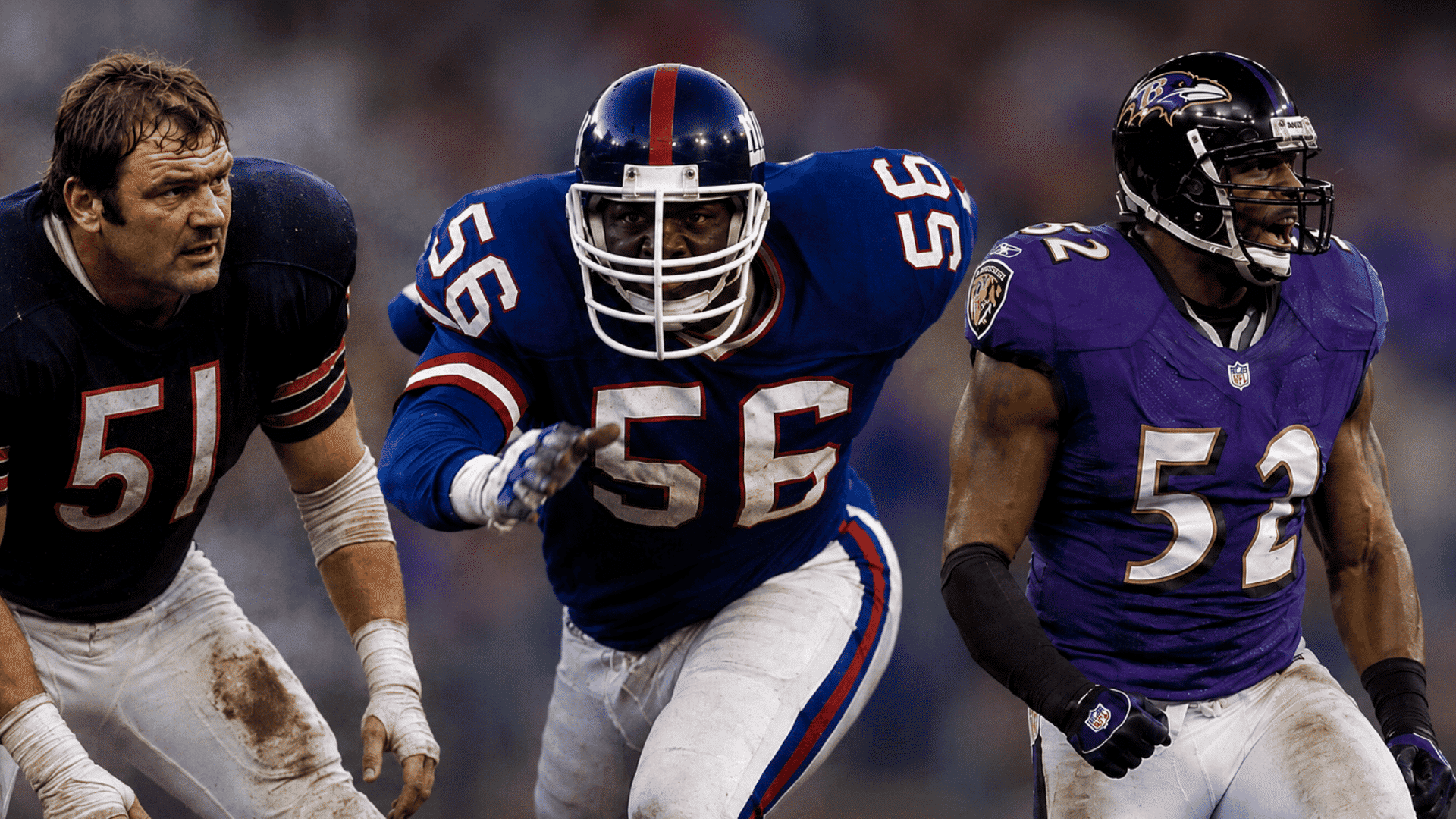 dick butkus lawrence taylor and ray lewis shown together in classic football game action