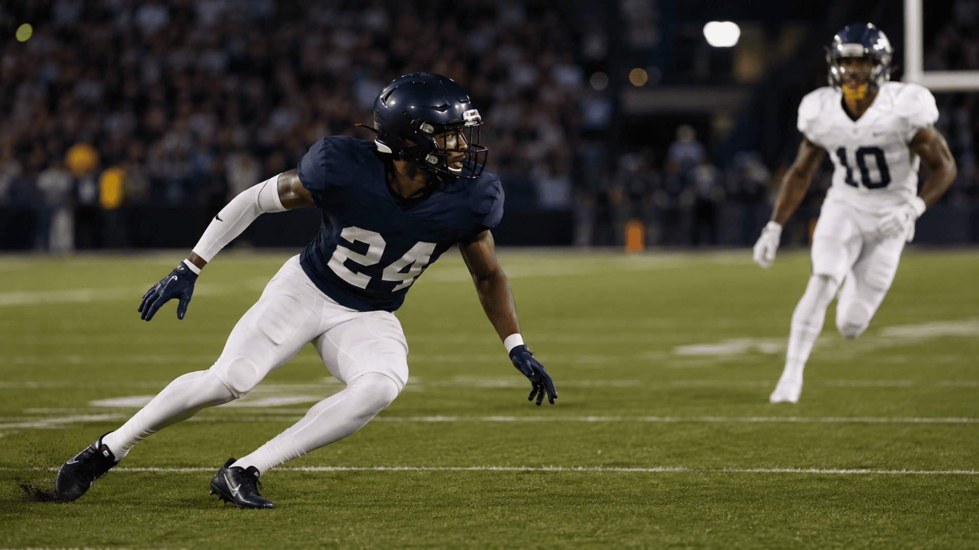 cornerback changes direction during coverage using controlled footwork and balanced body positioning