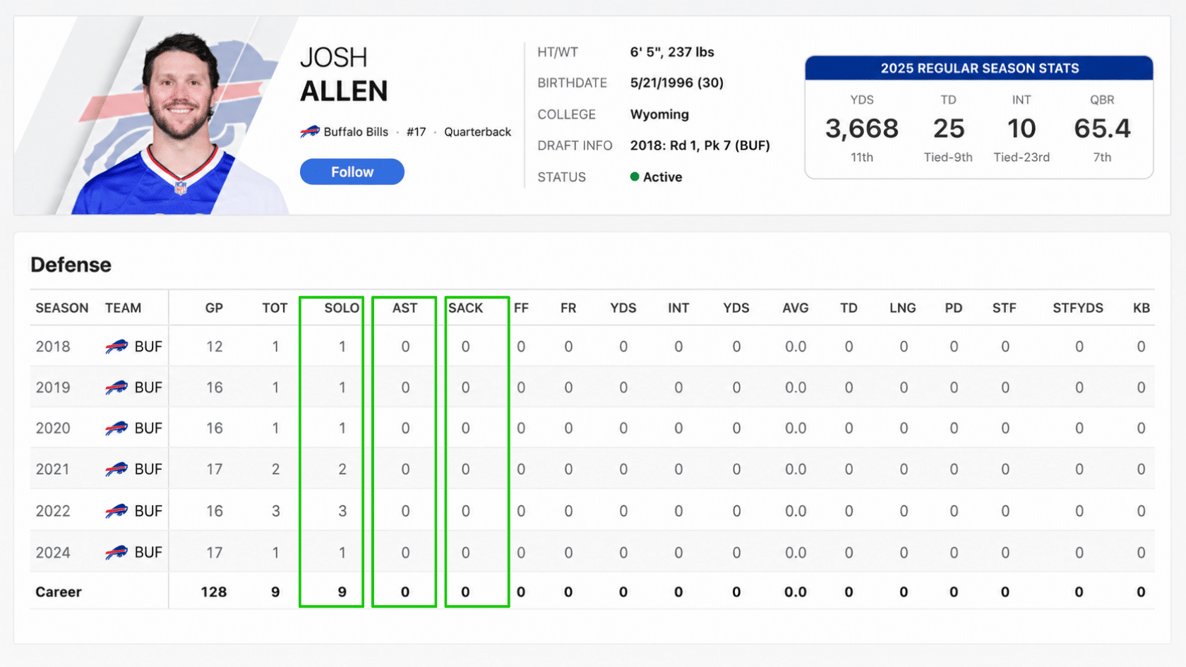 football player profile page with season stats card and defense table showing tot solo ast and career totals