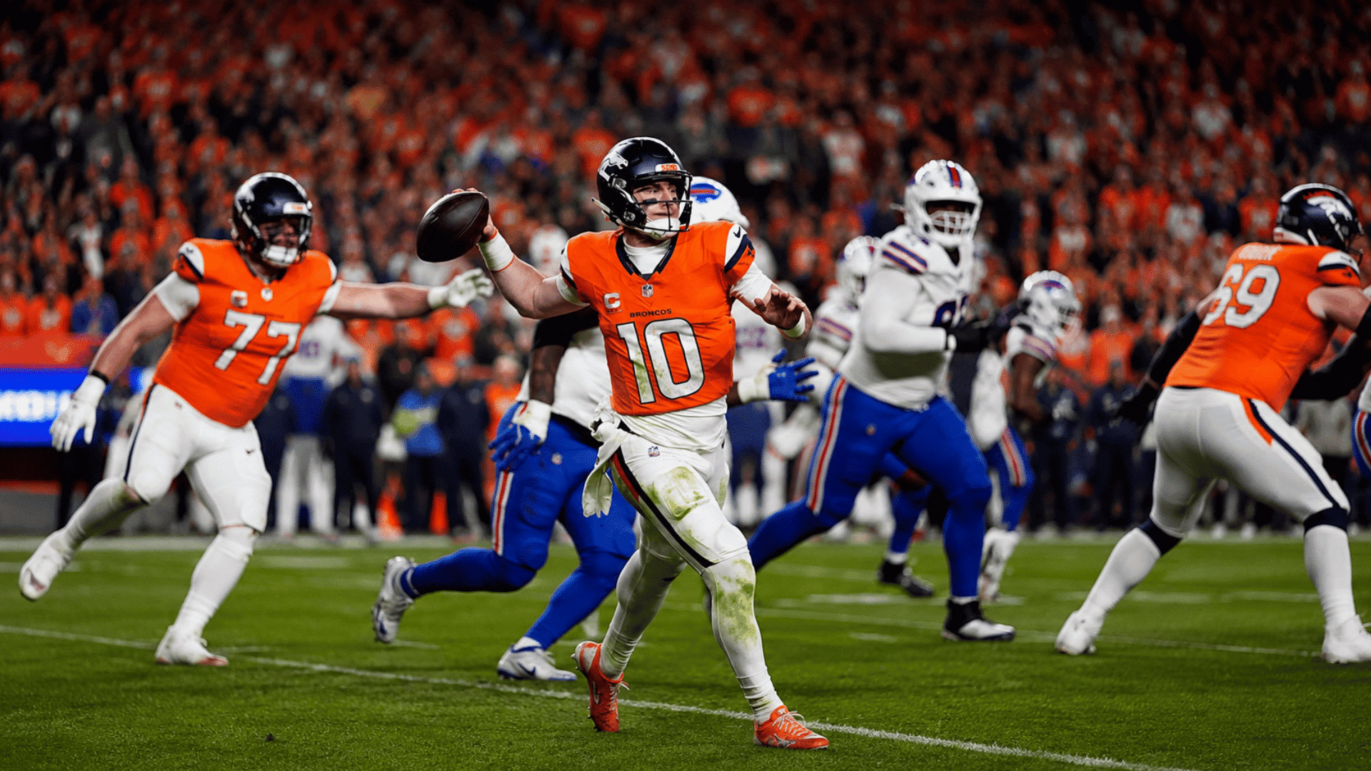 quarterback in orange jersey prepares to pass as defenders close in during a football game