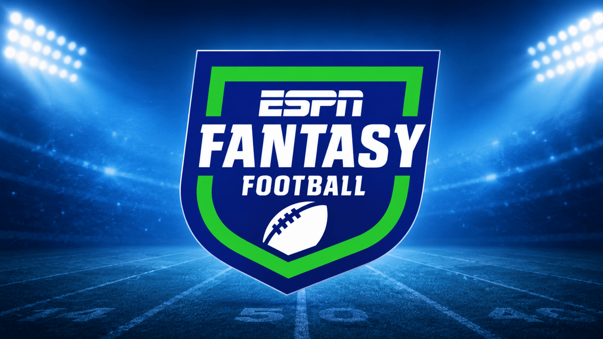 espn fantasy football logo on blue stadium field with bright lights and visible yard lines