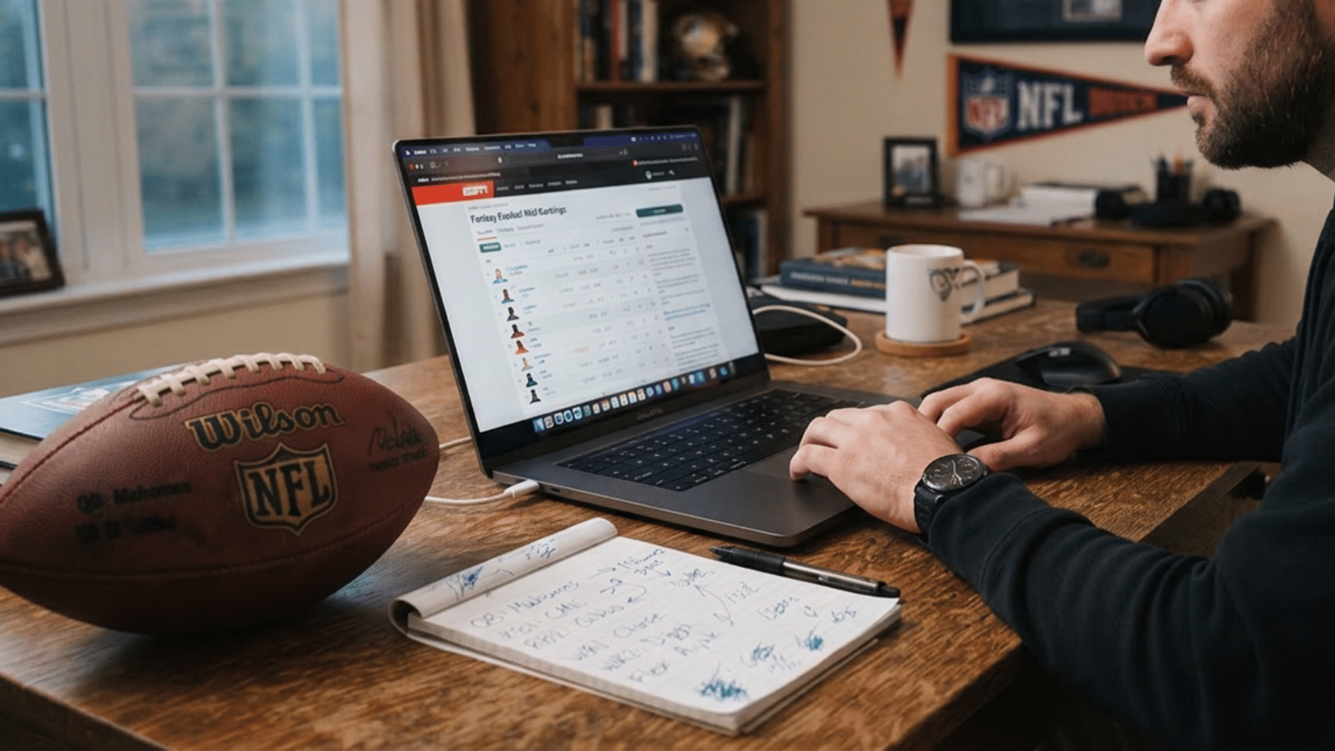 fantasy football manager reviewing rest of season rankings on laptop with player stats and lineup notes
