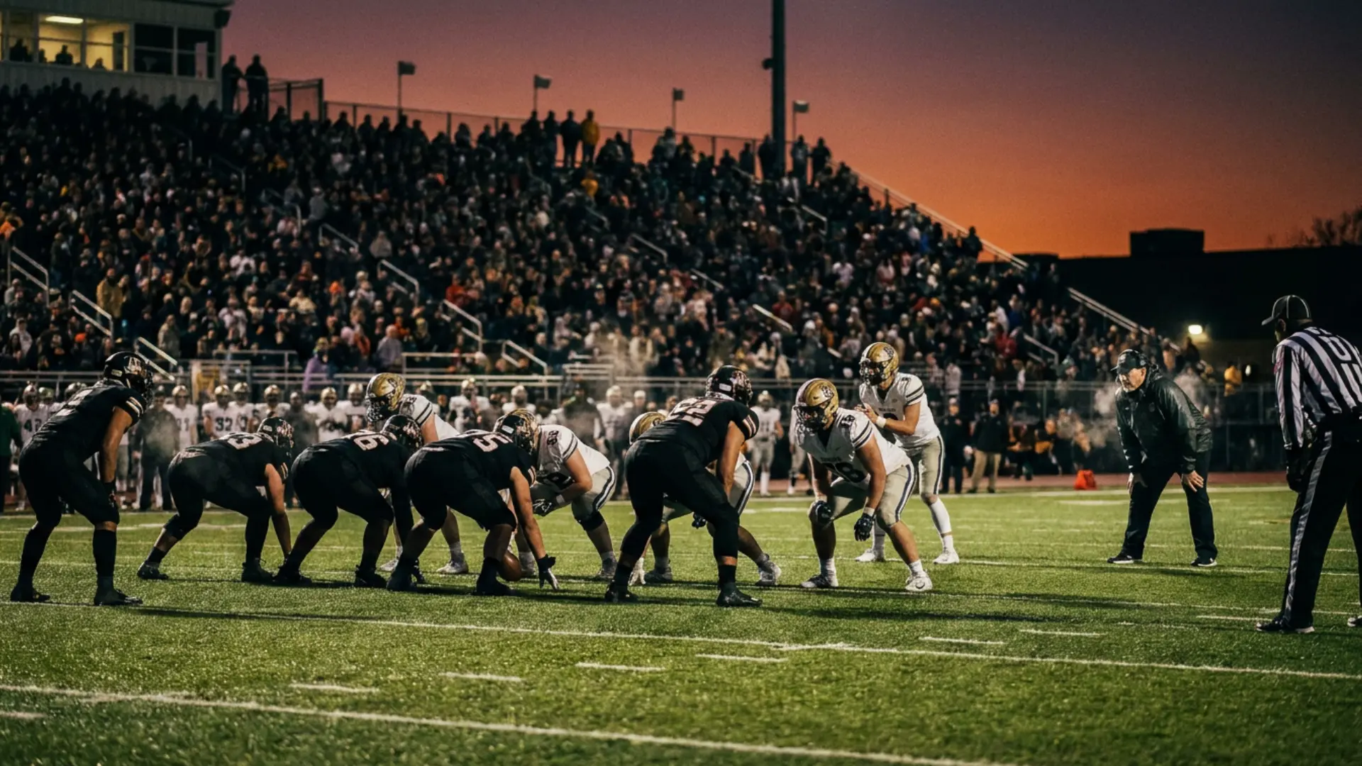 football teams line up at the snap under stadium lights as a packed crowd watches at dusk