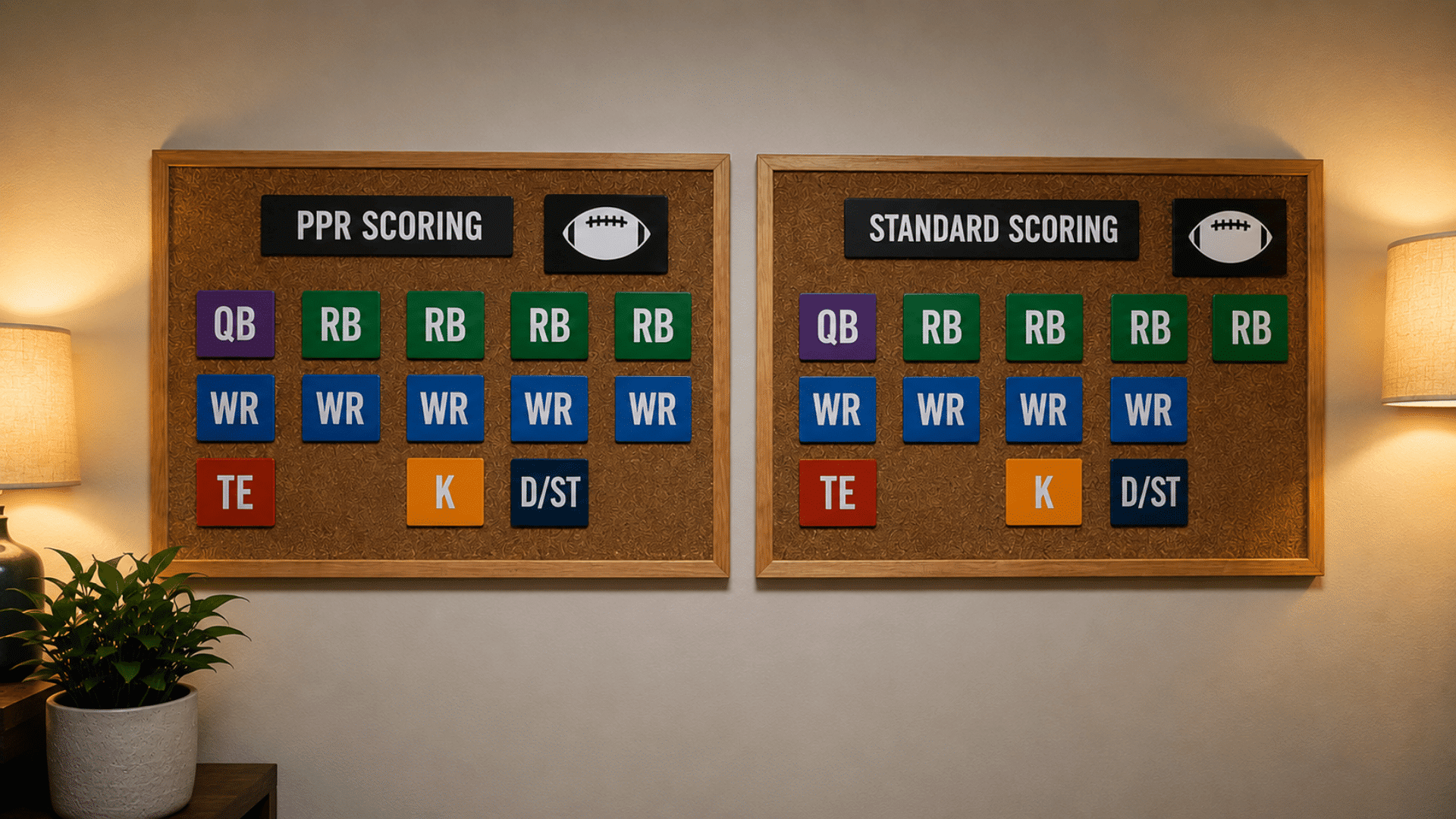 fantasy football boards showing ppr and standard scoring positions in a warm room
