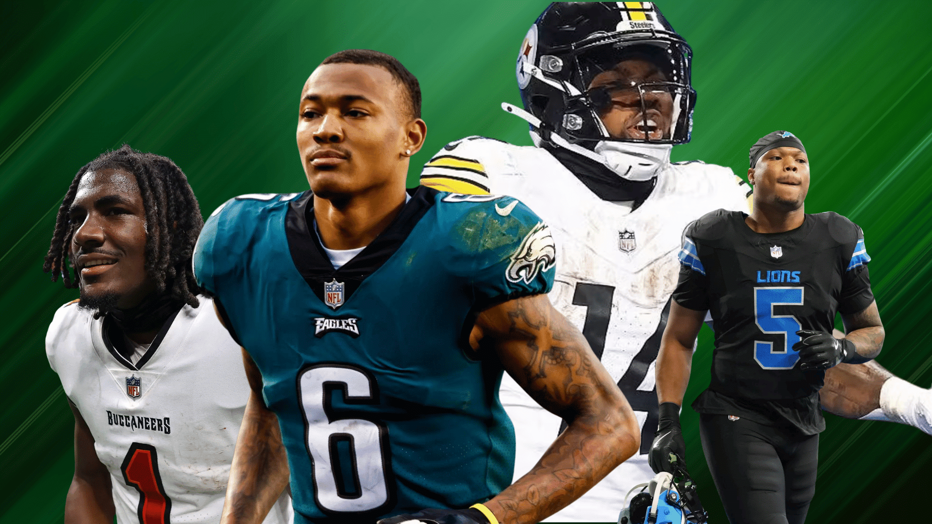 fantasy football collage featuring four players in team uniforms on a green background