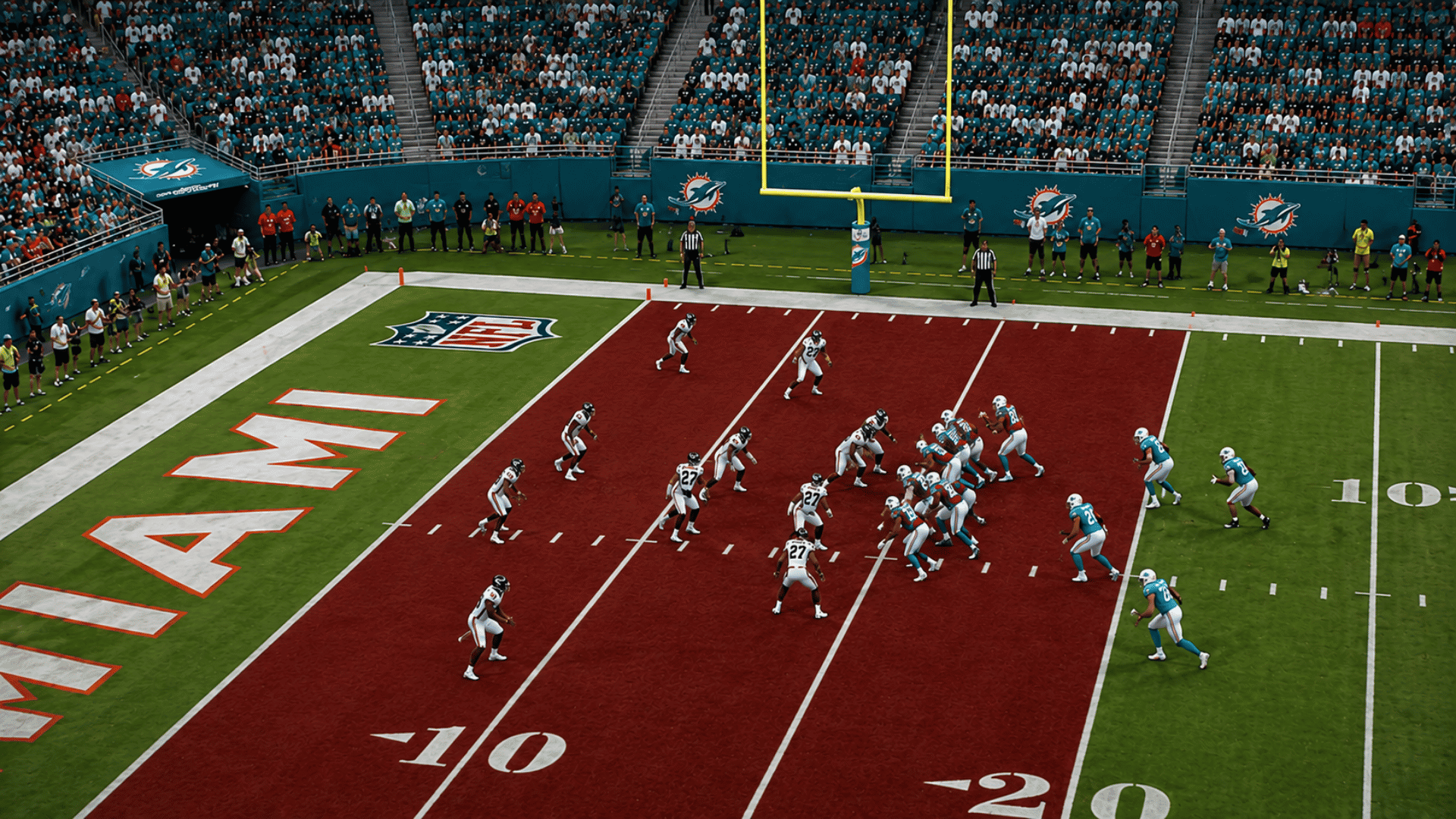 football players lined up inside a red highlighted red zone from the goal line to the twenty yard line