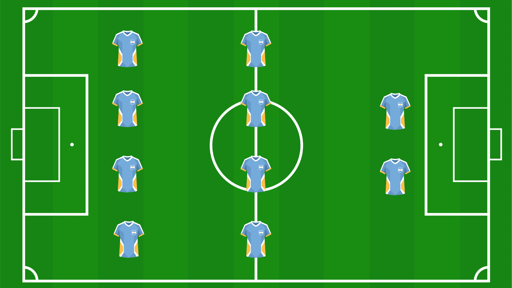 football formation diagram showing four defenders four midfielders and two forwards on the pitch