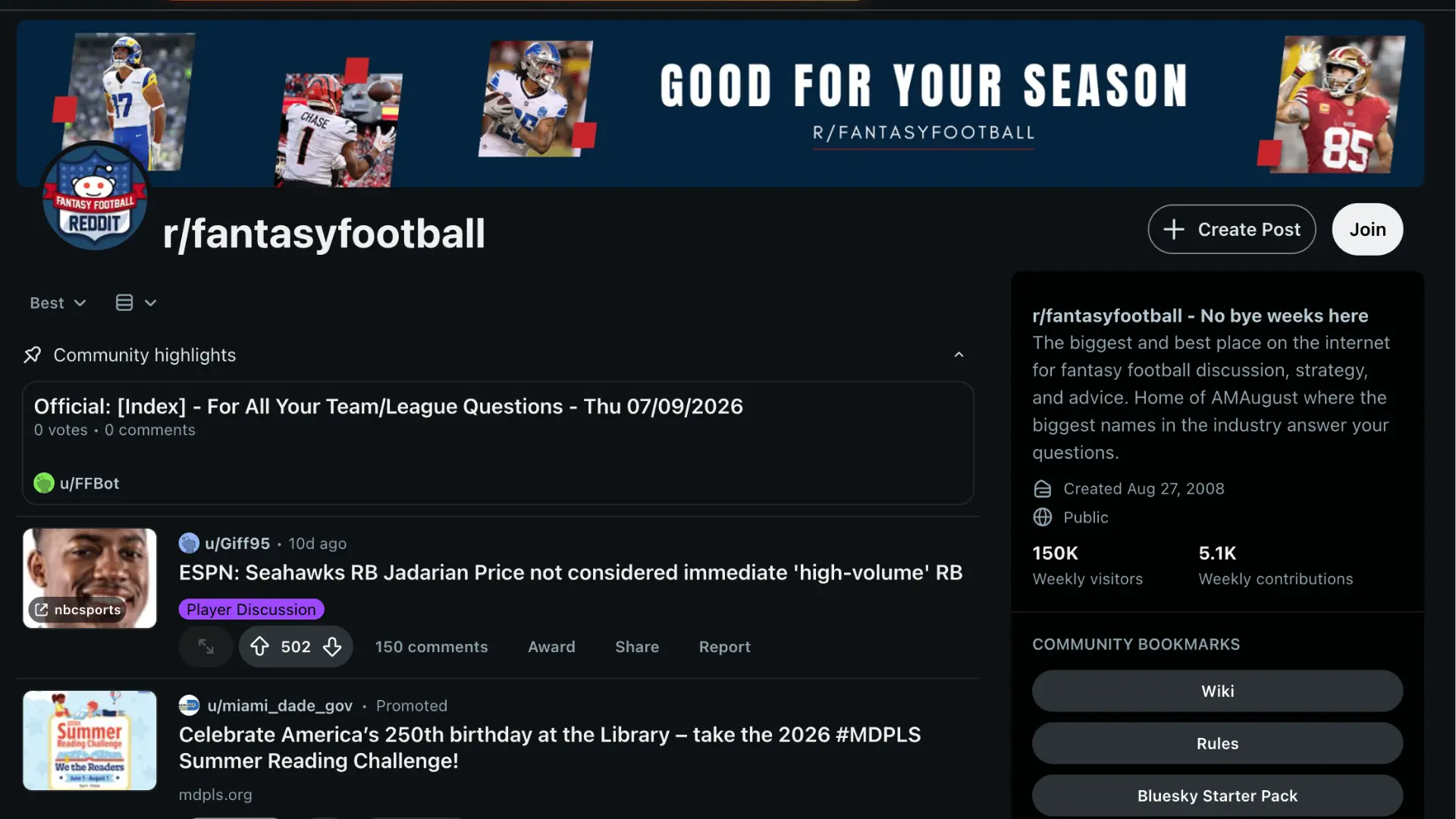 fantasy football reddit community page showing posts discussions and season resources