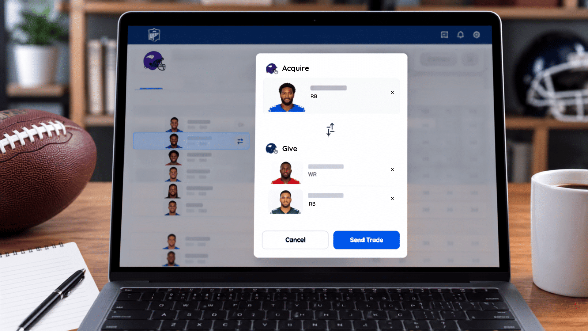 fantasy football trade screen showing one player to acquire and two players offered in return