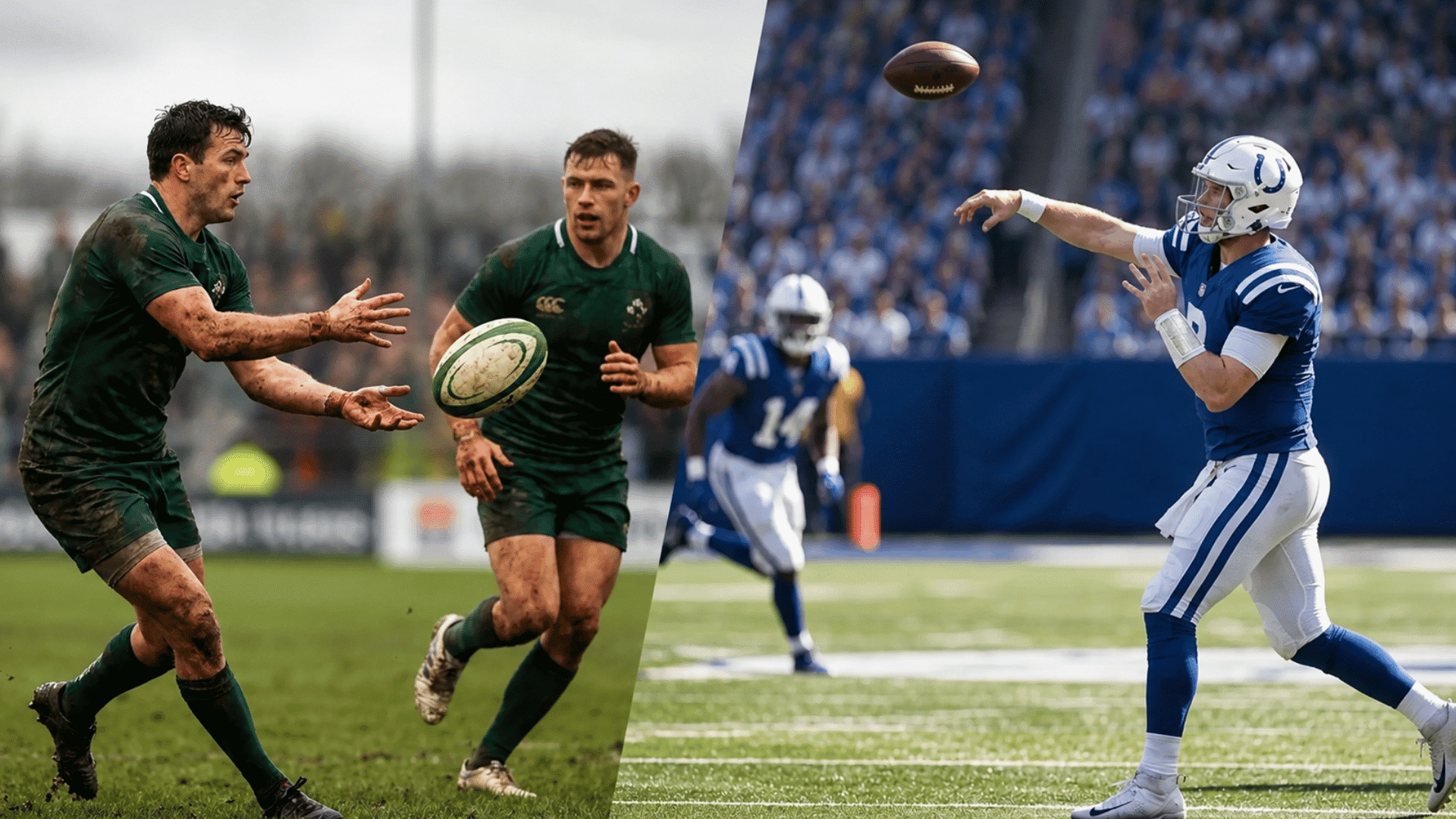 rugby player making a lateral pass beside an american football quarterback throwing forward