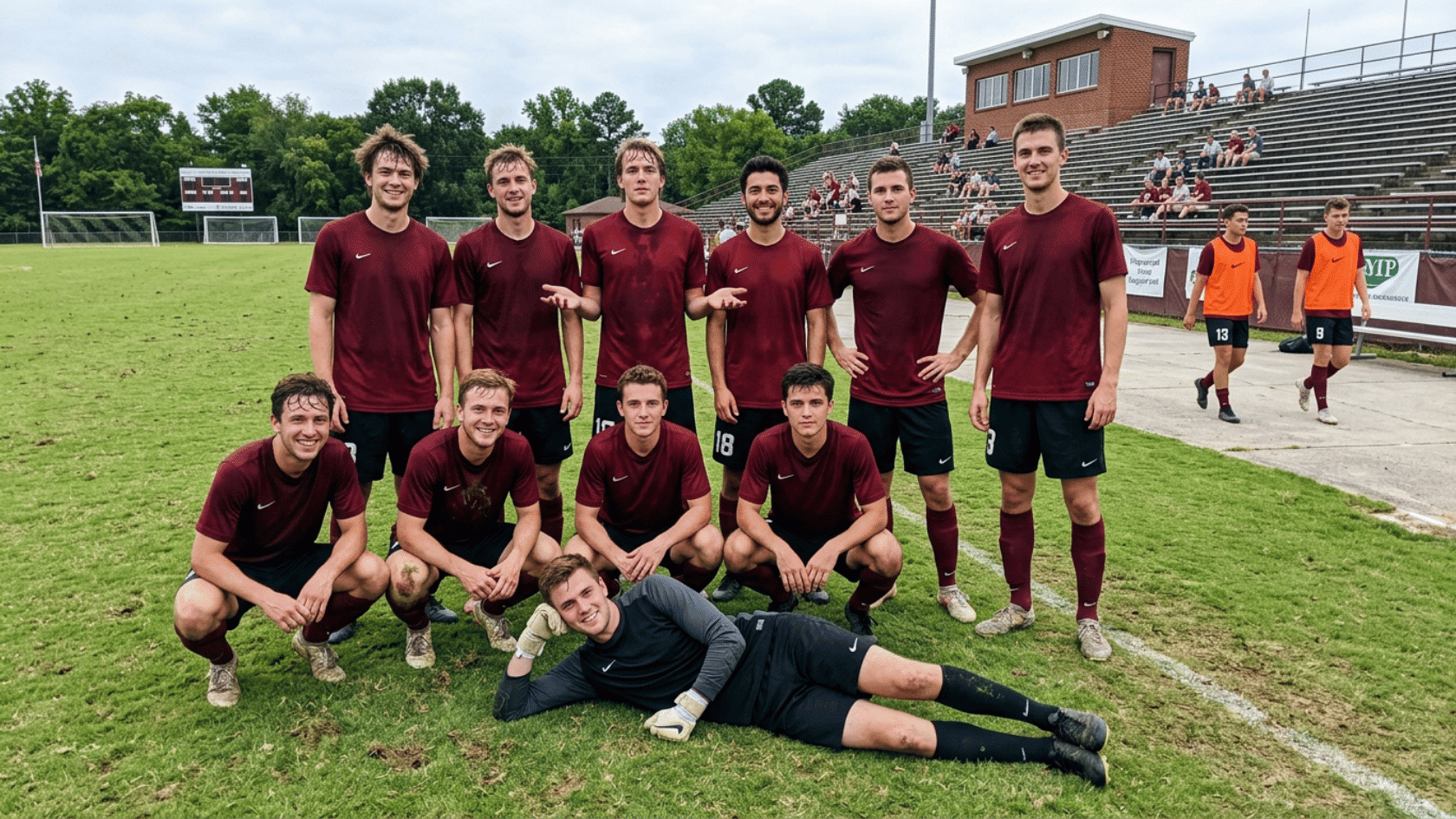 football team in maroon kits poses together on the field with the goalkeeper lying in front