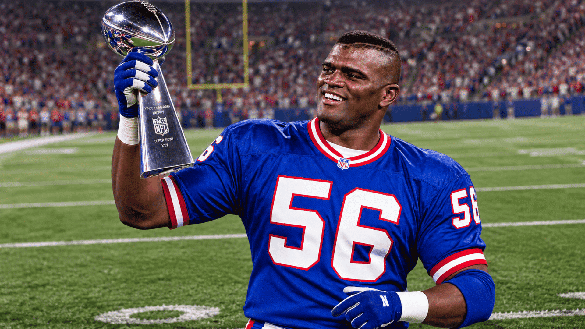 lawrence taylor in blue uniform smiling and holding a championship trophy on a stadium field