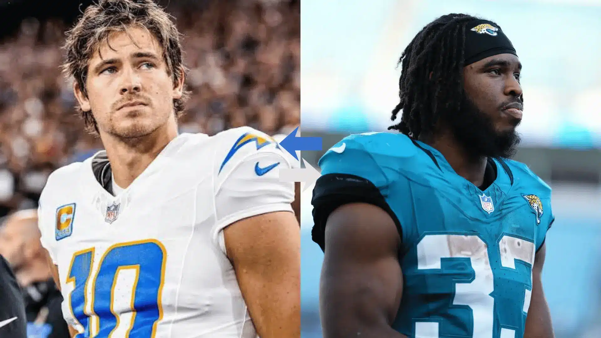 split image of los angeles quarterback and jacksonville running back with a trade arrow