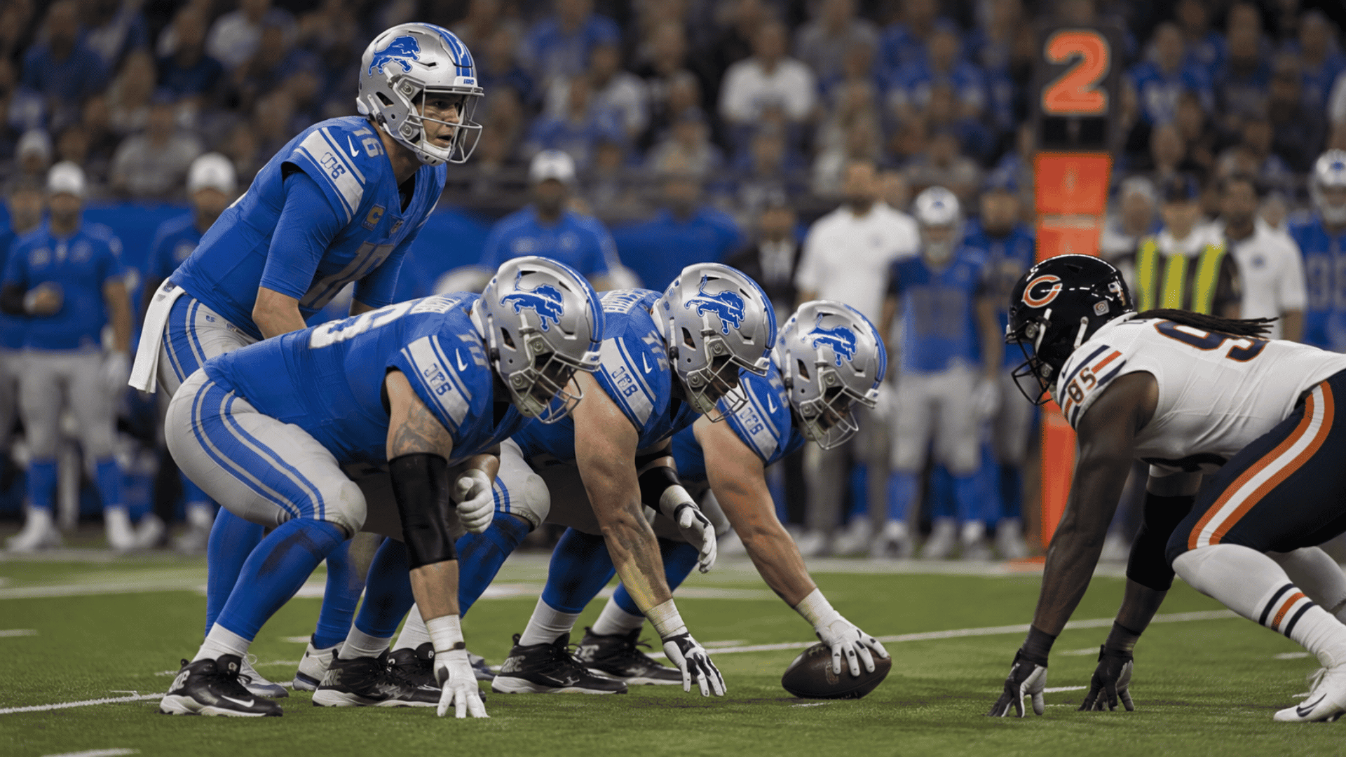 quarterback makes a pre snap head movement while the offense remains set at the line of scrimmage