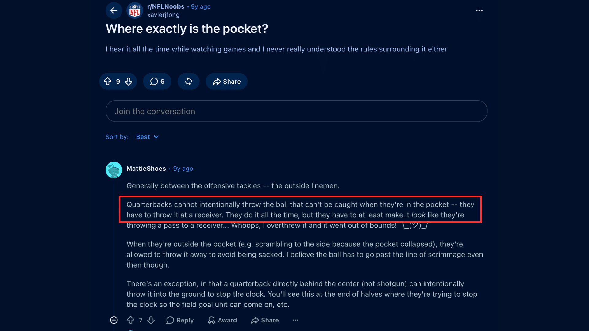 reddit post explaining the football pocket and intentional grounding rules for quarterbacks