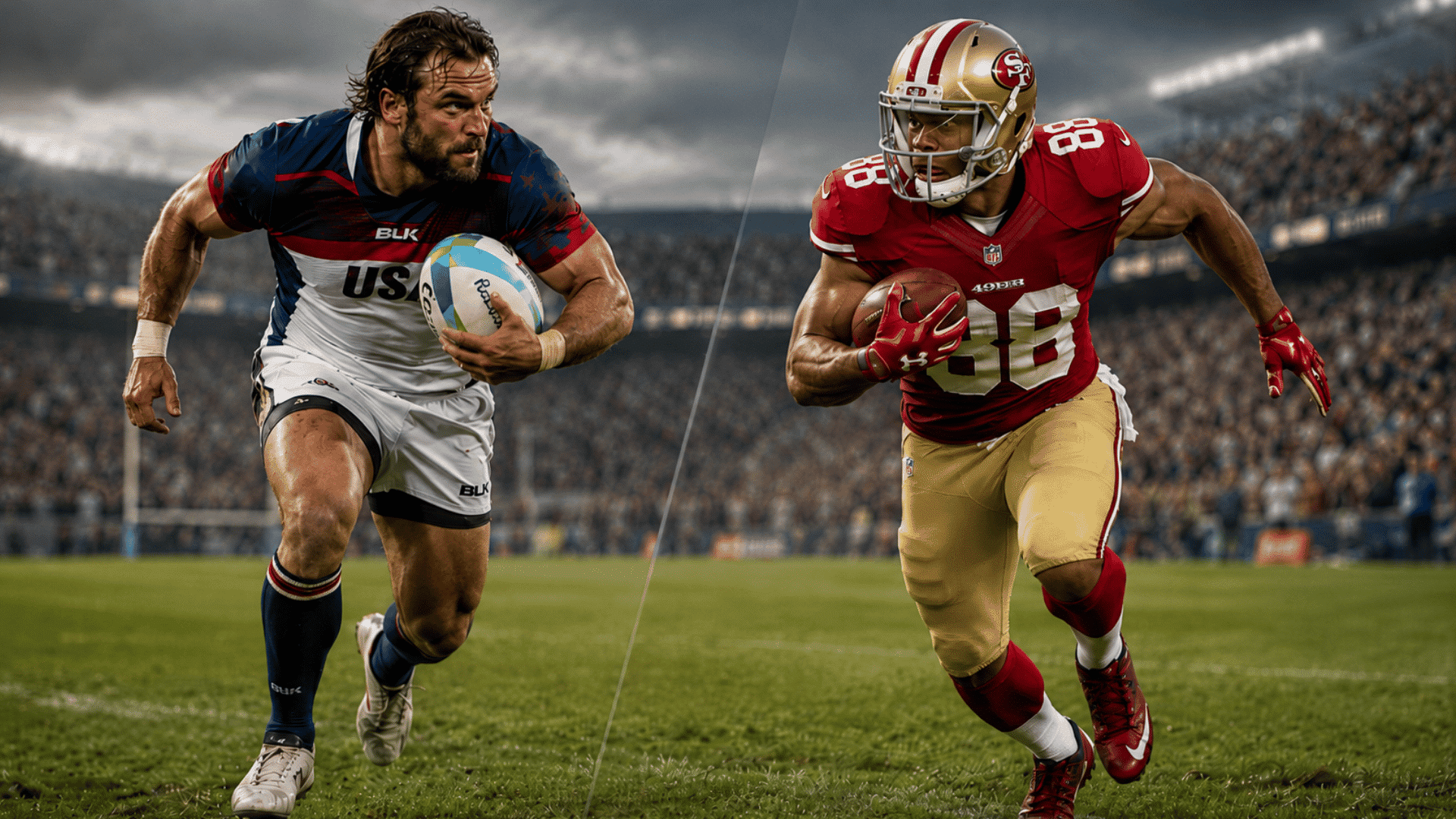 rugby player and american football player showing differences in uniforms equipment and ball