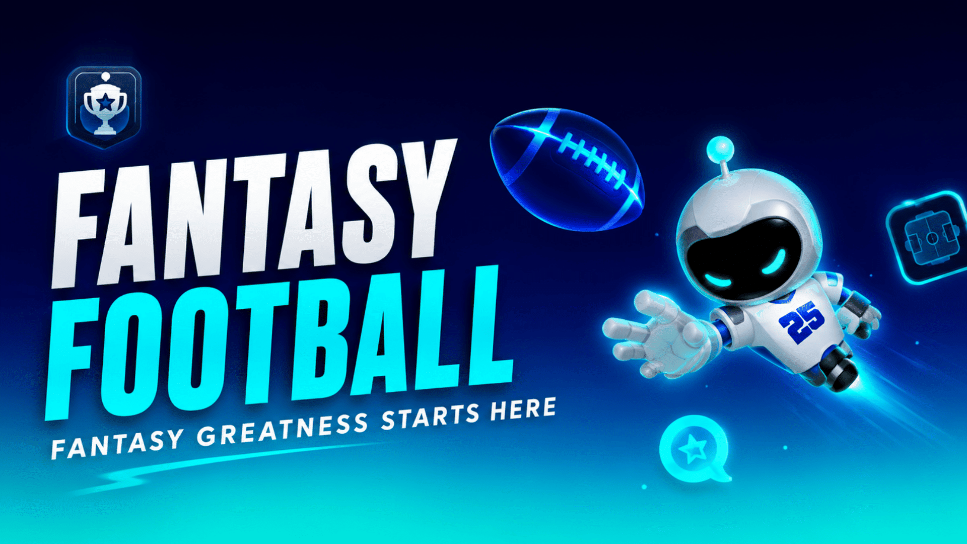 fantasy football banner with flying robot glowing ball and blue neon sports graphics