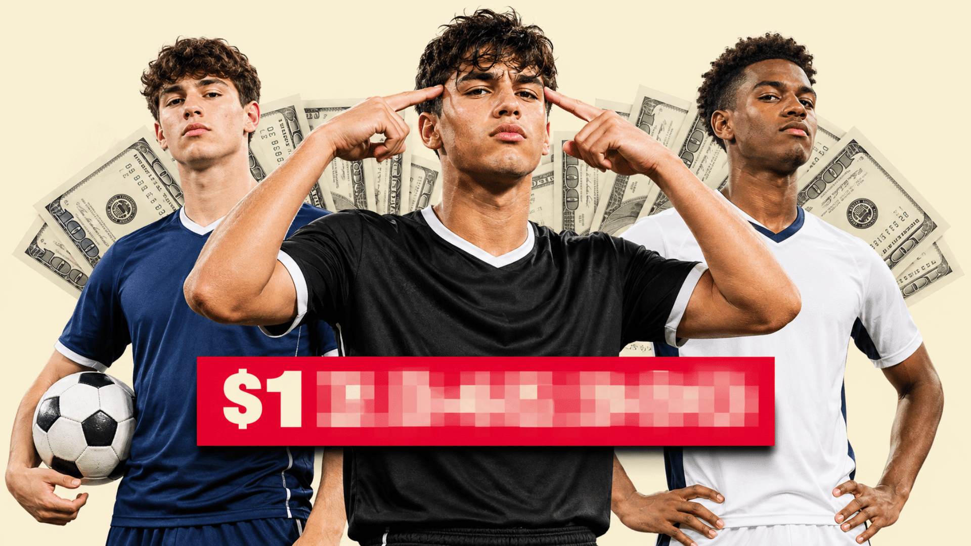 three college soccer players standing in front of dollar bills with a blurred earnings figure on a red banner