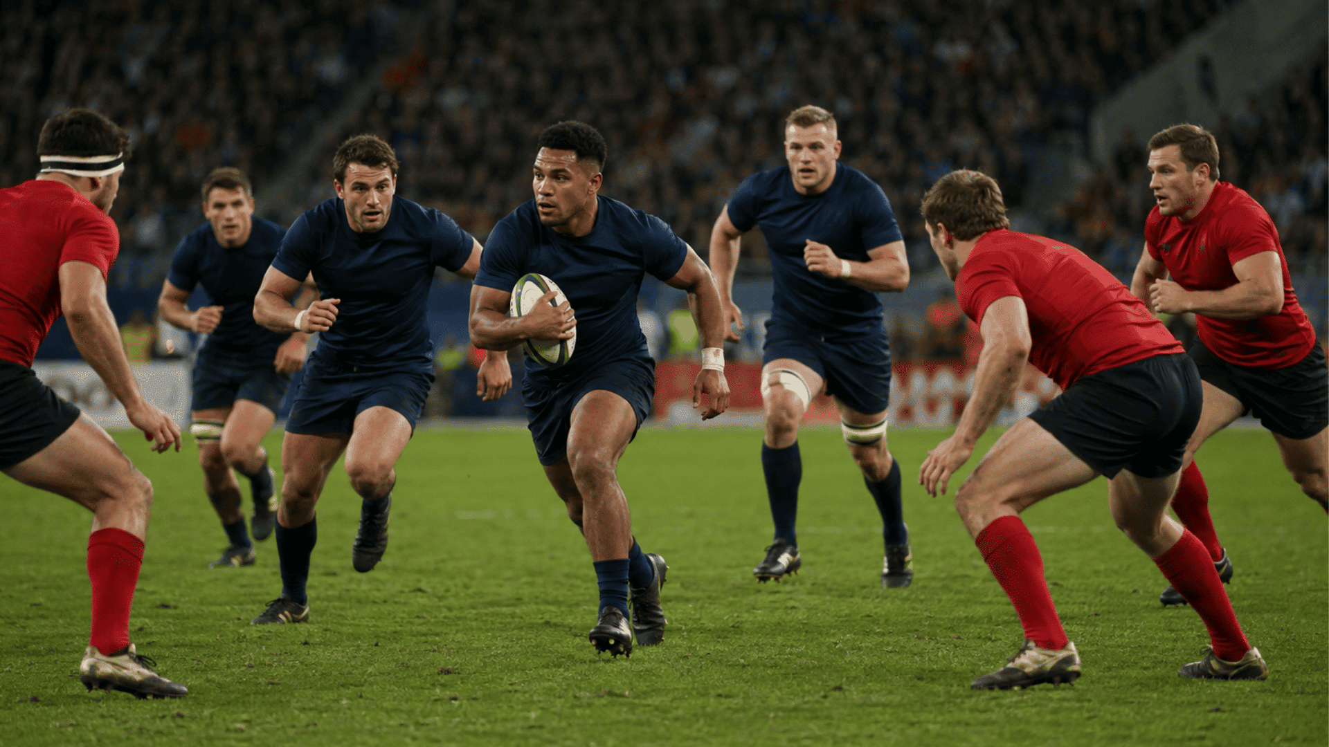 rugby player carries the ball with teammates in support as defenders prepare to make a tackle