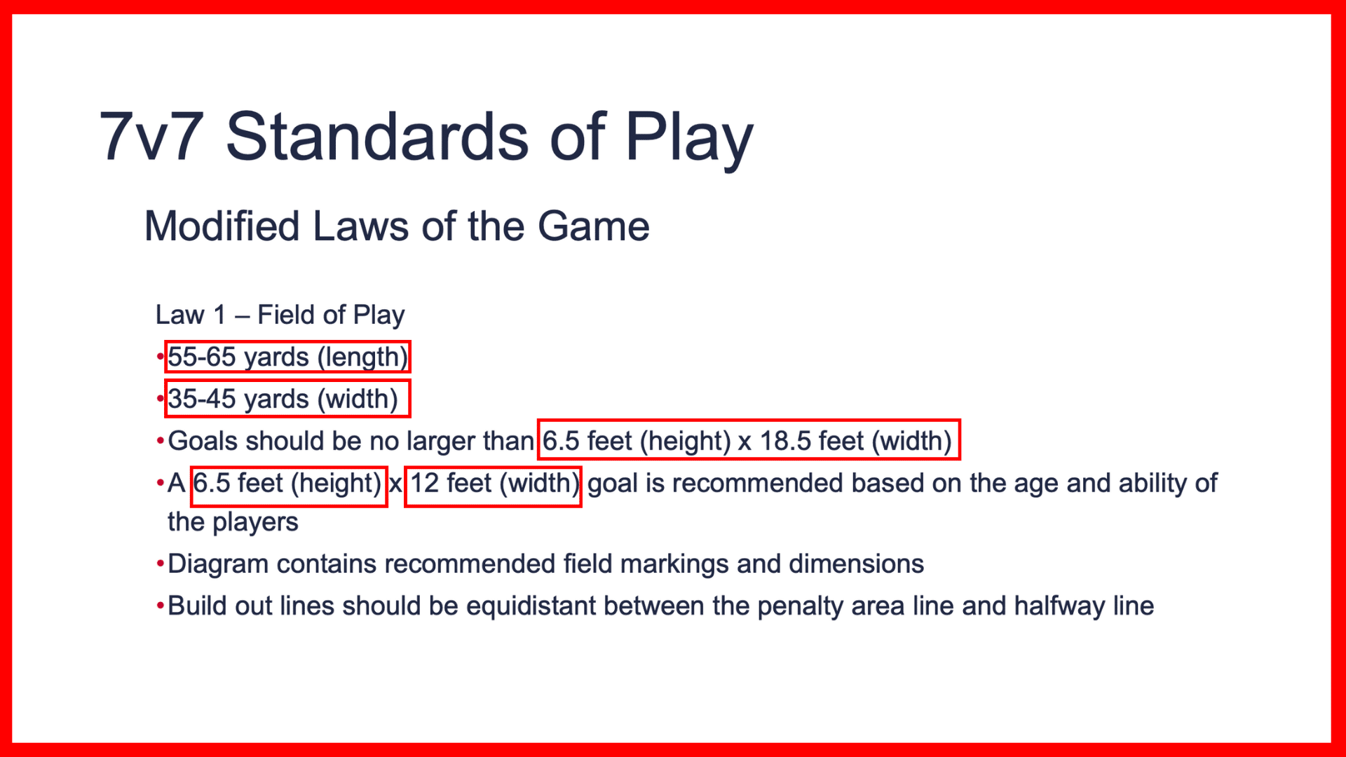 seven versus seven soccer standards showing field length width and recommended youth goal dimensions