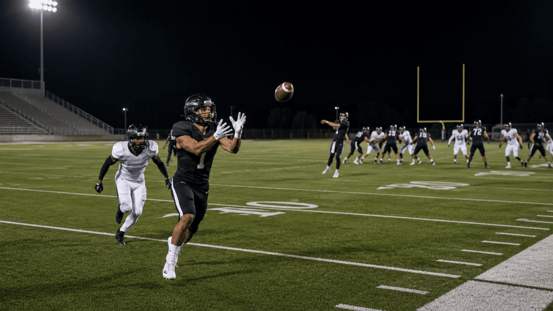 wide receiver preparing to catch a football with a defender chasing and quarterback throwing from far behind