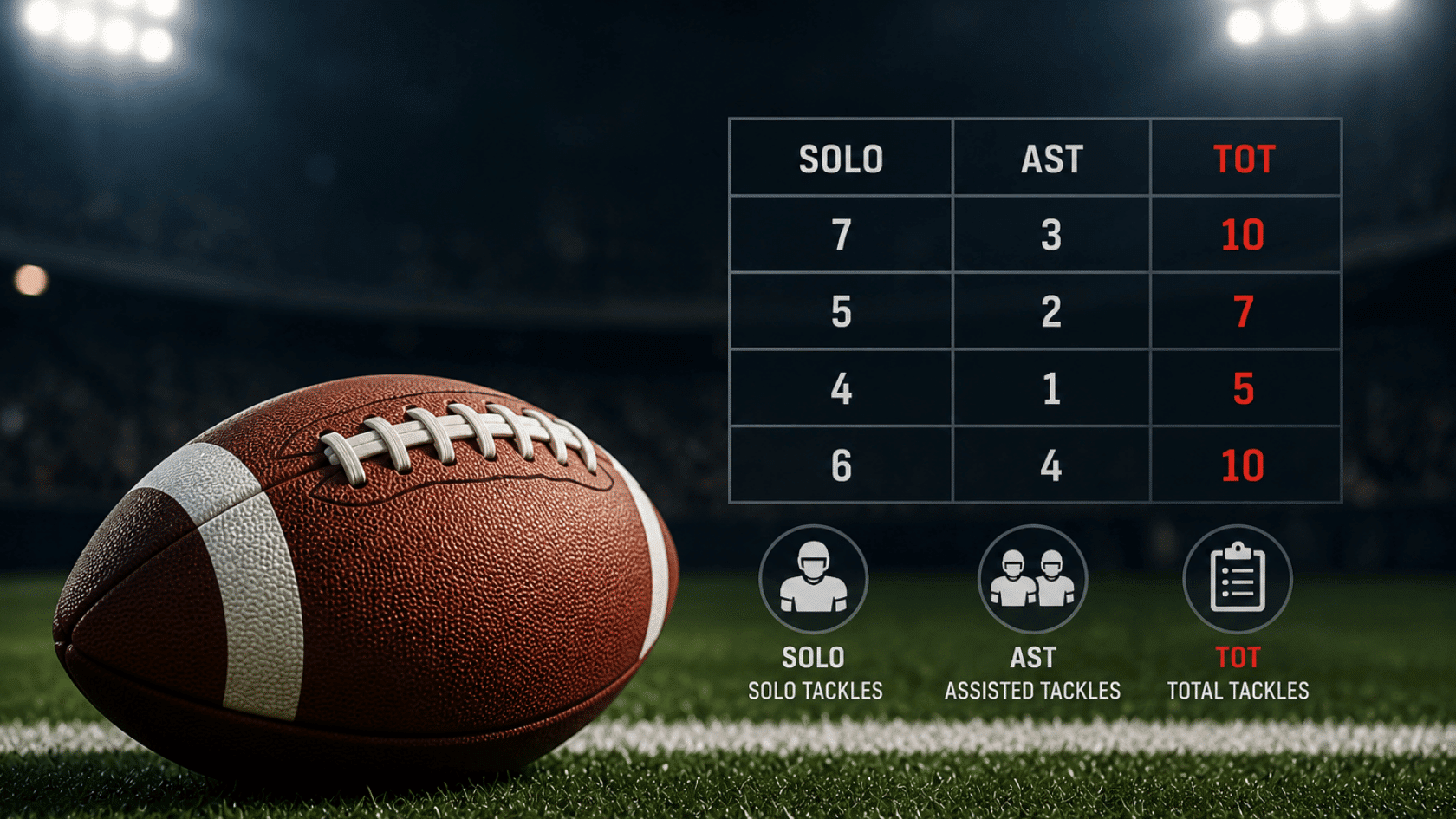 football tackle stats graphic showing solo ast and tot totals beside a football on the field.