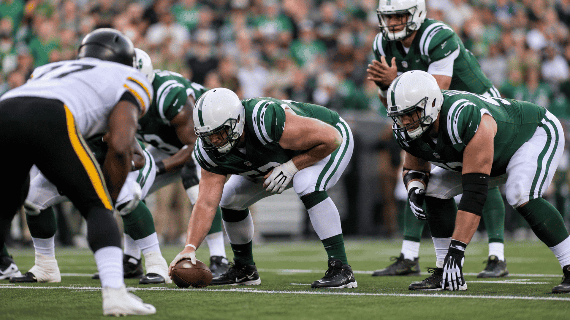 offensive line set before the snap with quarterback behind center and defender across the line