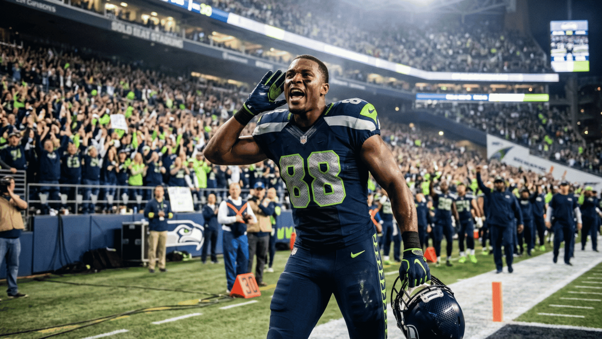enthusiastic american football player hyping up a packed stadium crowd from the sideline