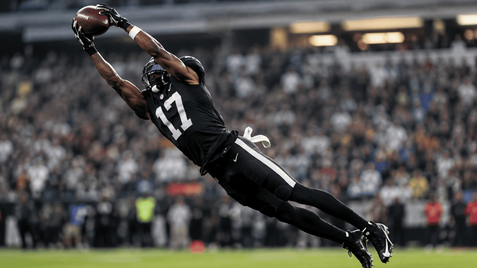 wide receiver in black uniform making a diving catch with both hands during an american football game