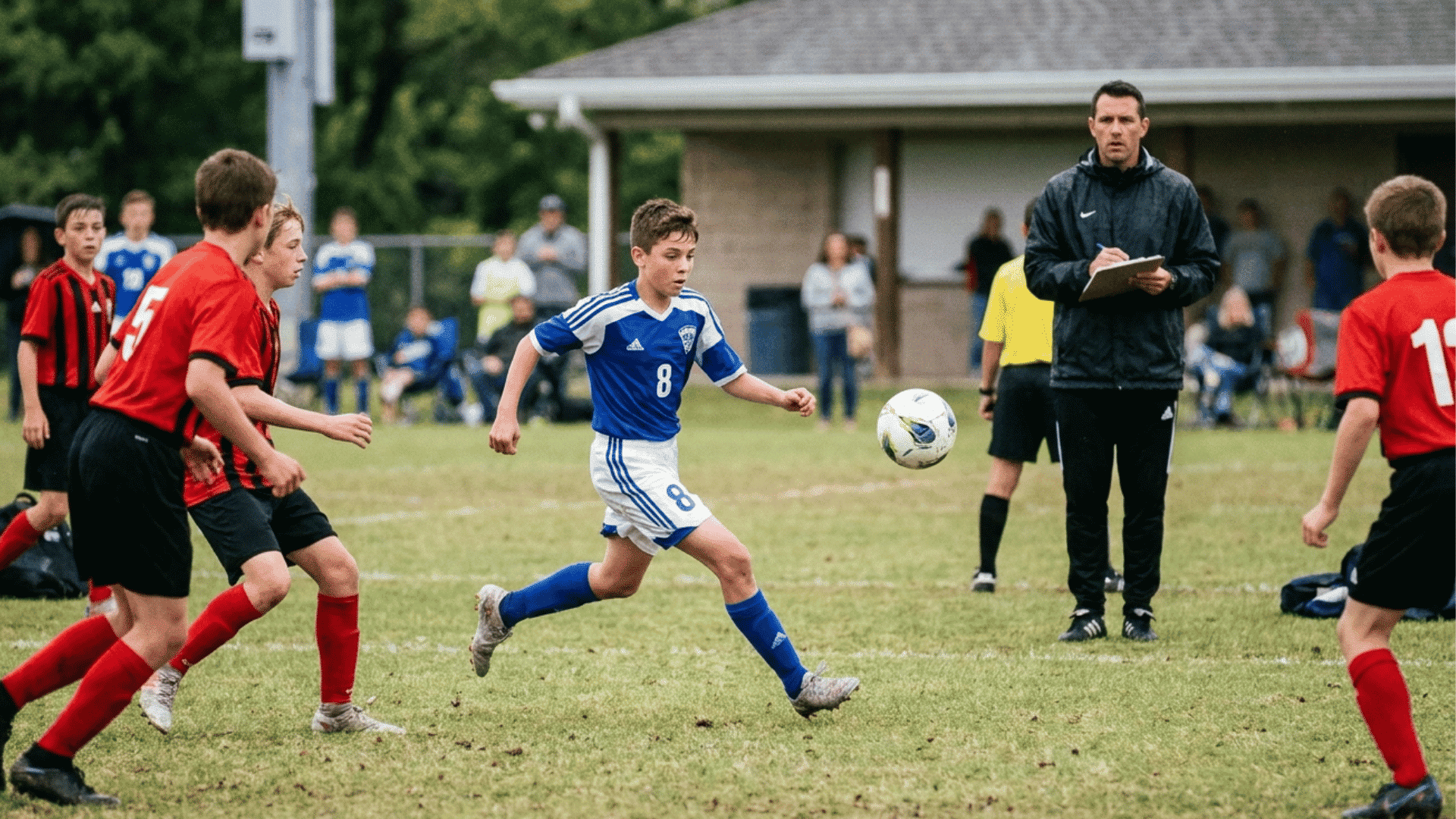 soccer player performing in a competitive match while a scout watches closely from the sideline