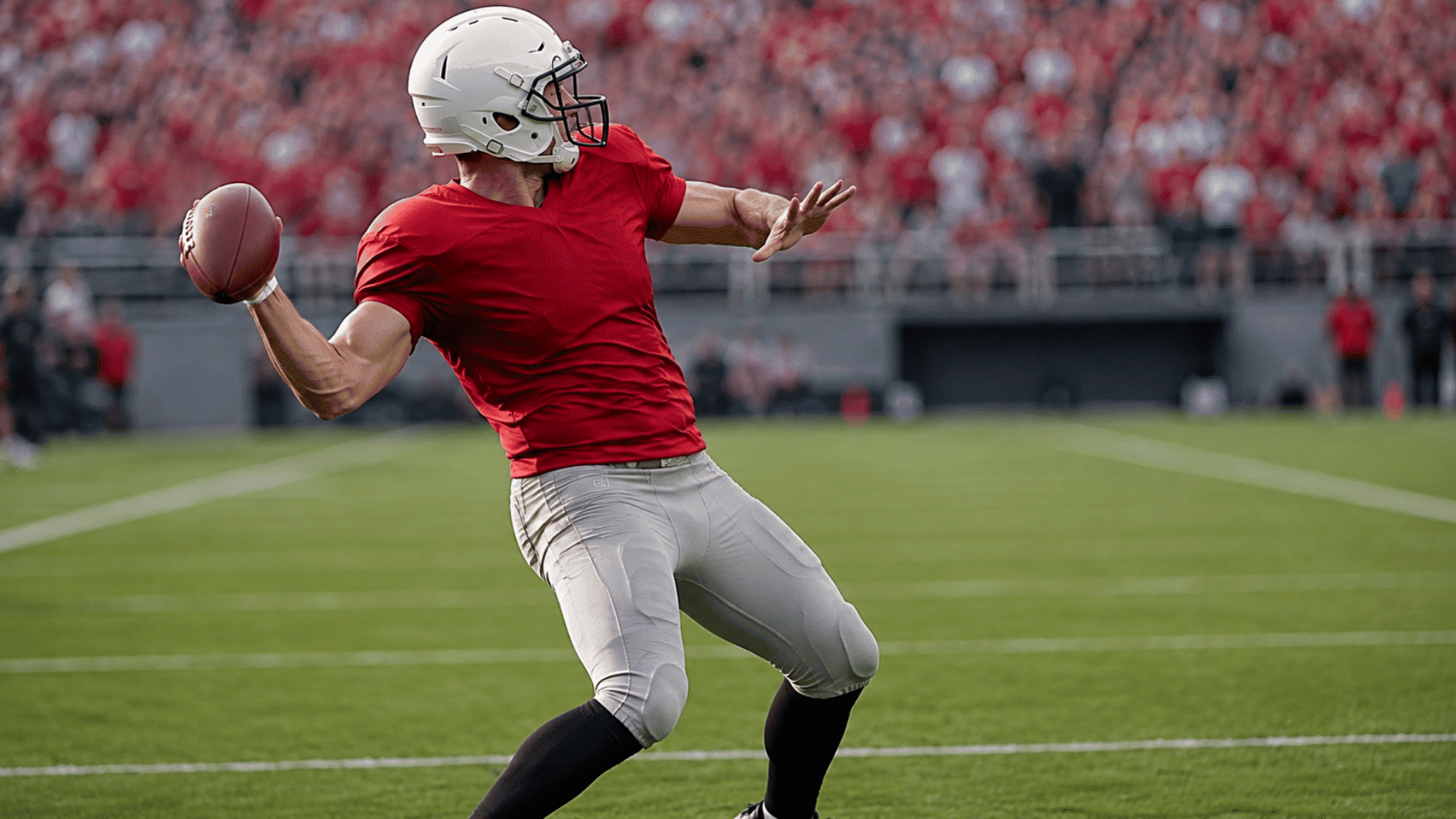 quarterback in red jersey prepares to throw a football while leaning on one leg during a game