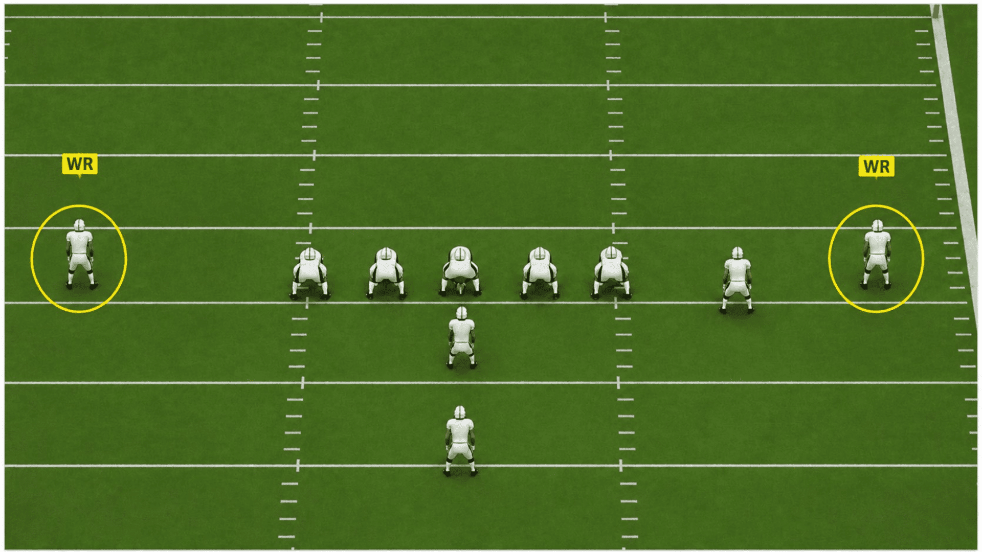 two wide receivers highlighted outside the formation on an american football field with yard markings