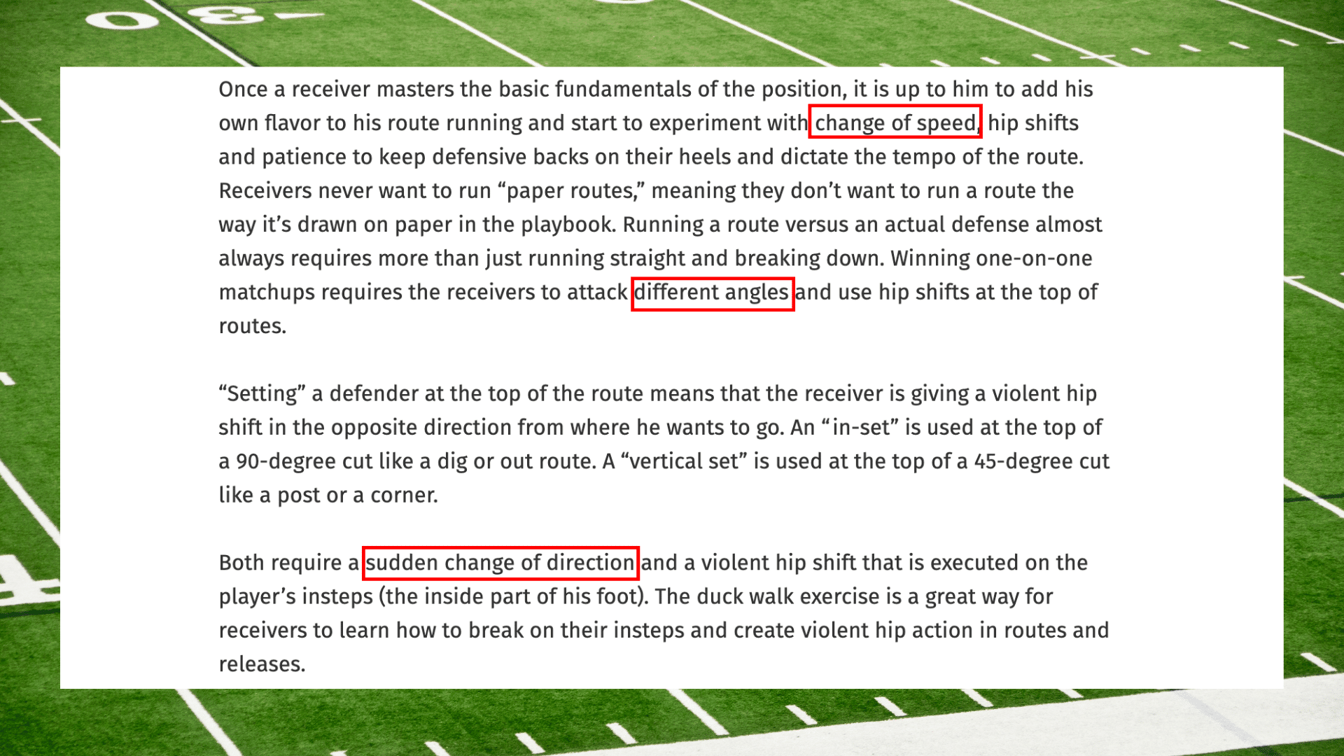 wide receiver separation advice covering change of speed route angles and sudden changes of direction
